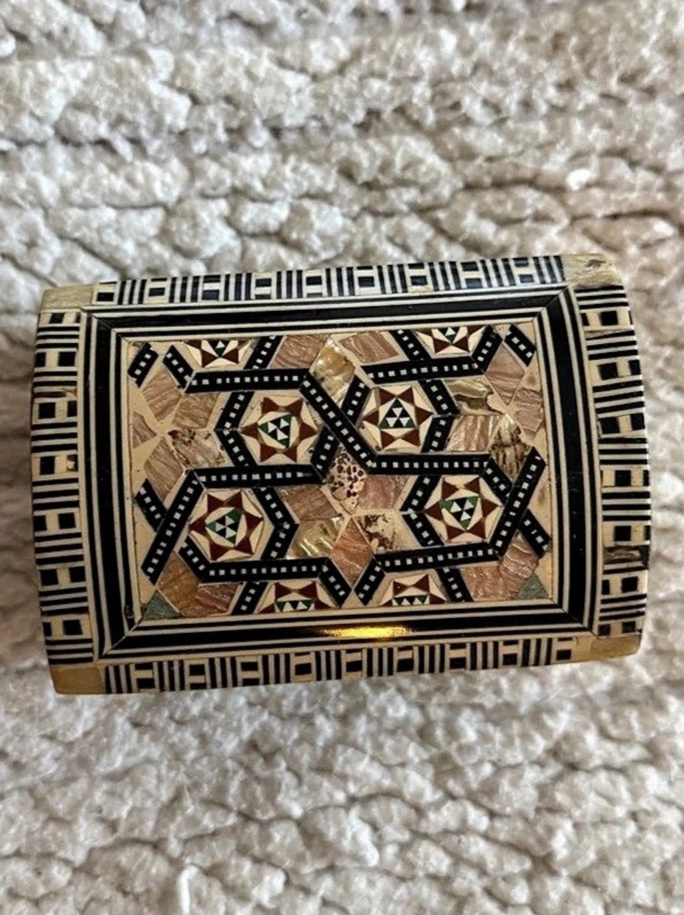 Handcrafted Geometric Mother of Pearl Trinket Box Velvet Lined from Morocco